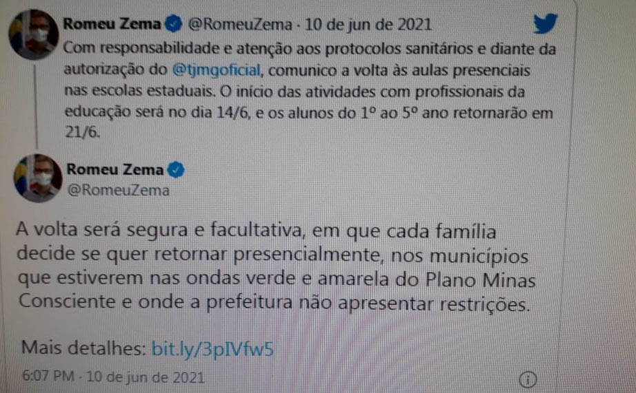 Governador Romeu Zema reafirmou condição de segurança e retorno gradual e disse que os pais devem decidir entre ensino presencial e remoto para seus filhos (Imagem Twitter)